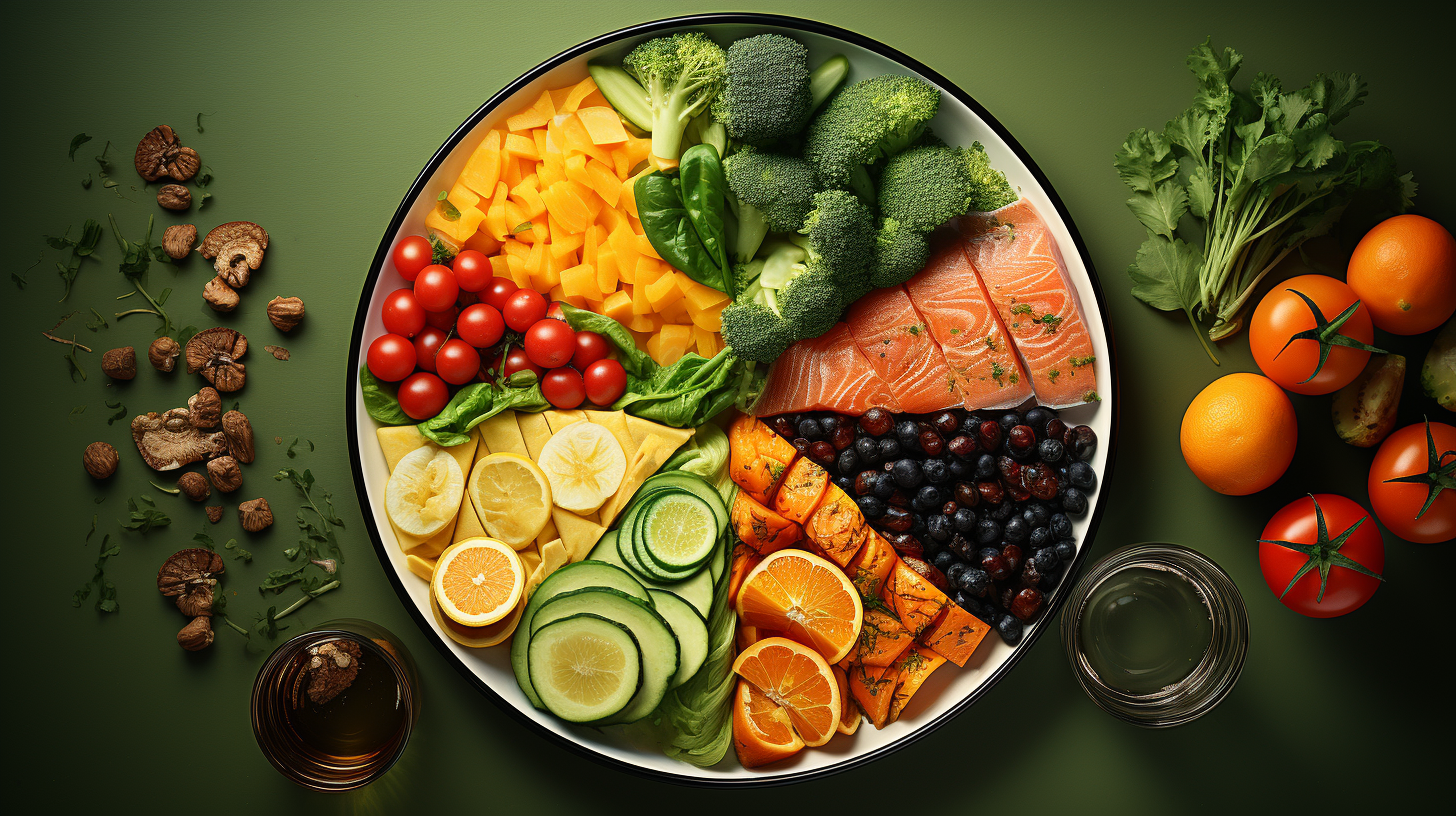 healthy food choices like leafy greens, lean proteins, whole grains, and colorful fruits