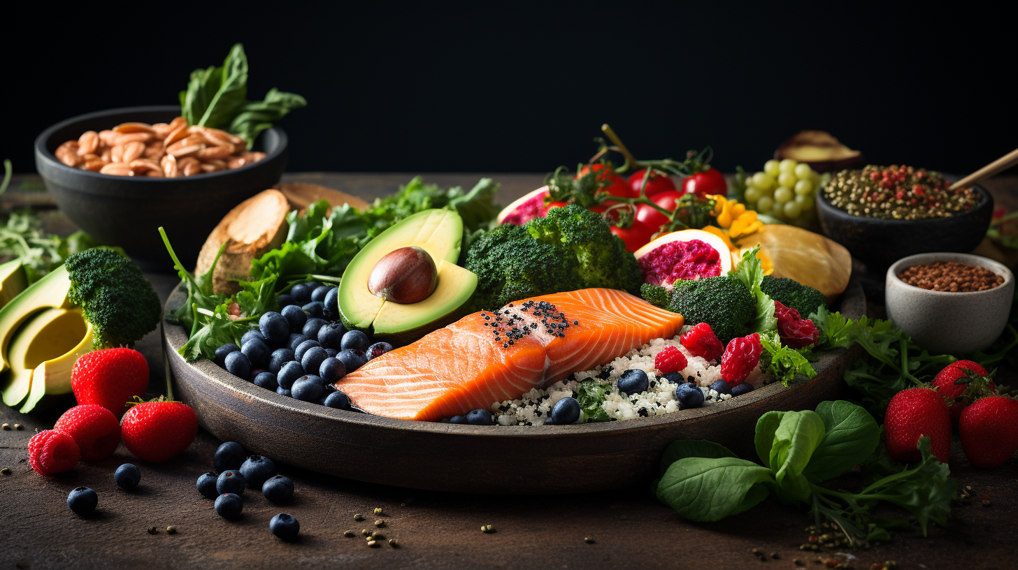 superfoods like leafy greens, berries, avocados, quinoa, and salmon