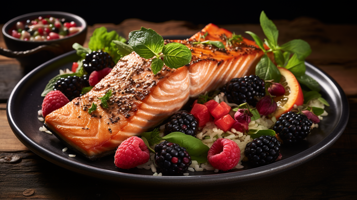 grilled salmon, roasted vegetables, quinoa, and a side of fresh berries
