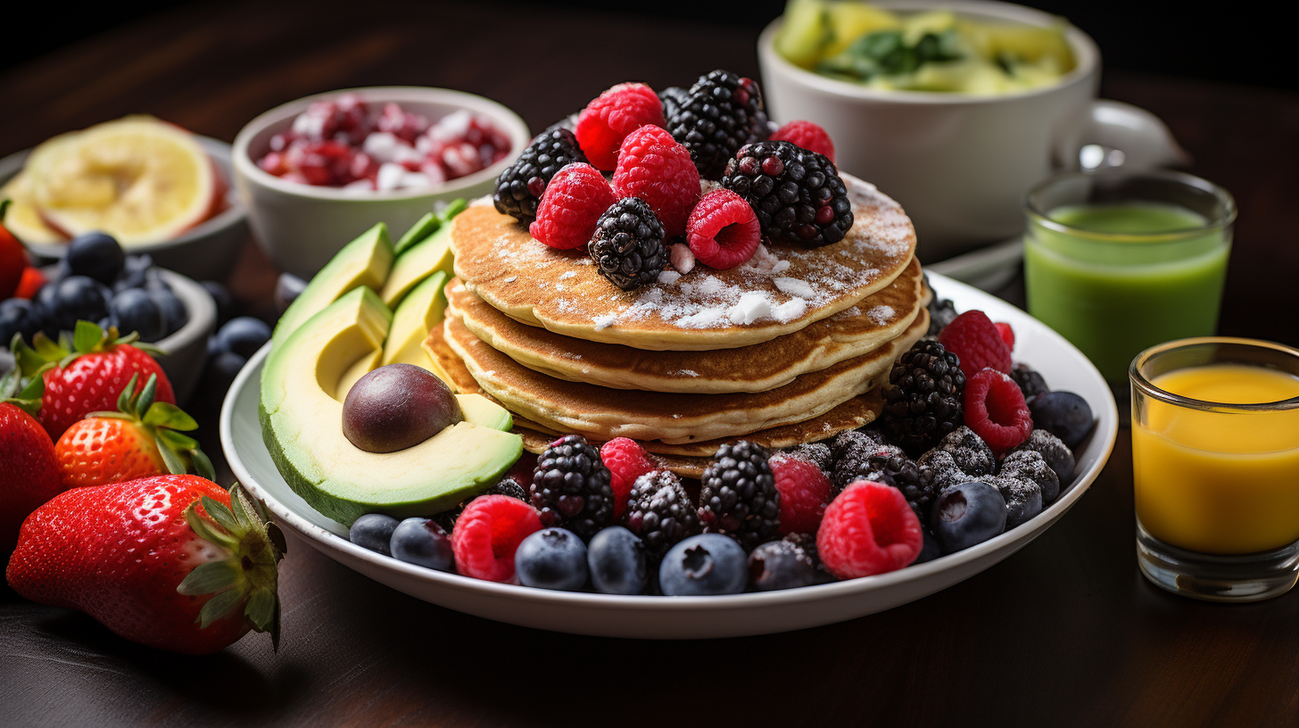 a stack of fluffy whole grain pancakes topped with fresh berries