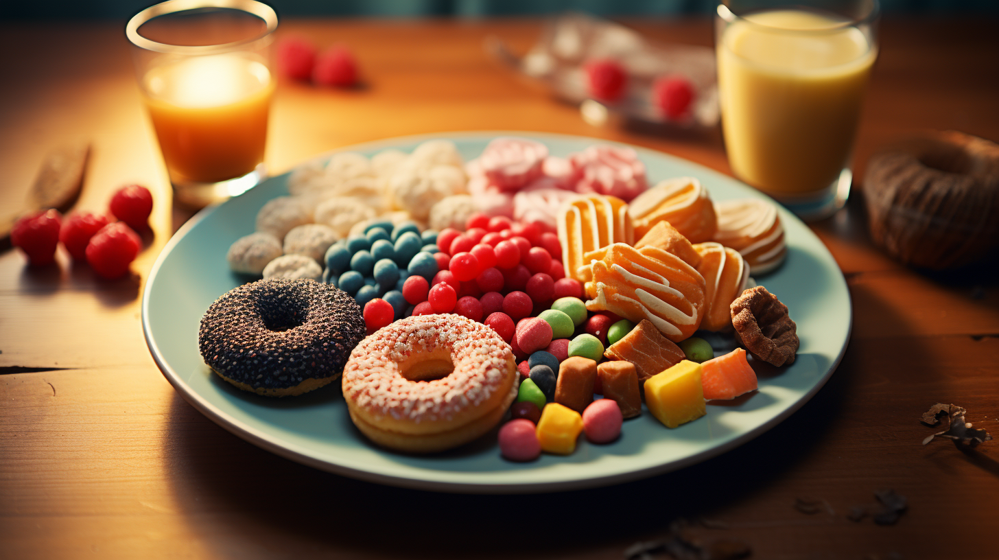 whole grains and vegetables, next to a plate of sugary processed foods