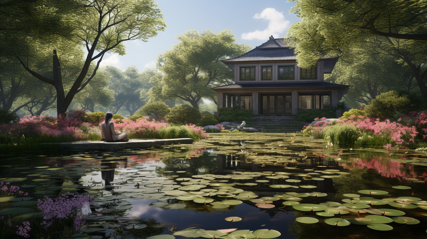 serene garden with a peaceful pond