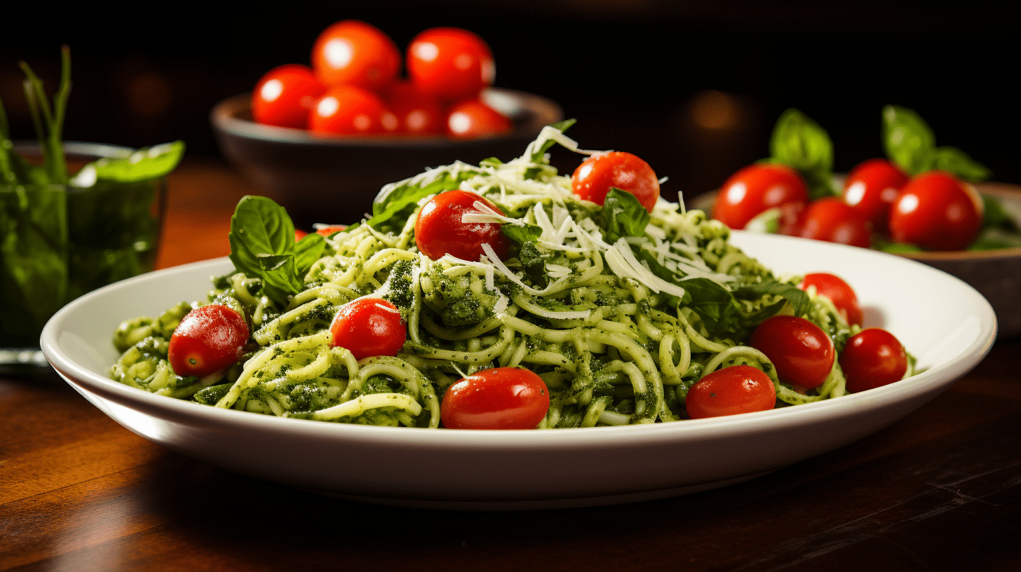 Zucchini Noodles Tossed in Pesto with a Burst of Cherry Tomatoes